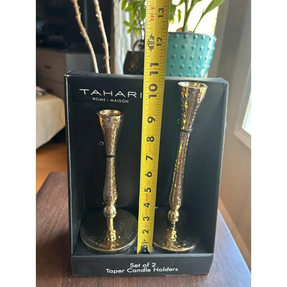 New Tahari Home hammered brass taper candle holders gold textured finish